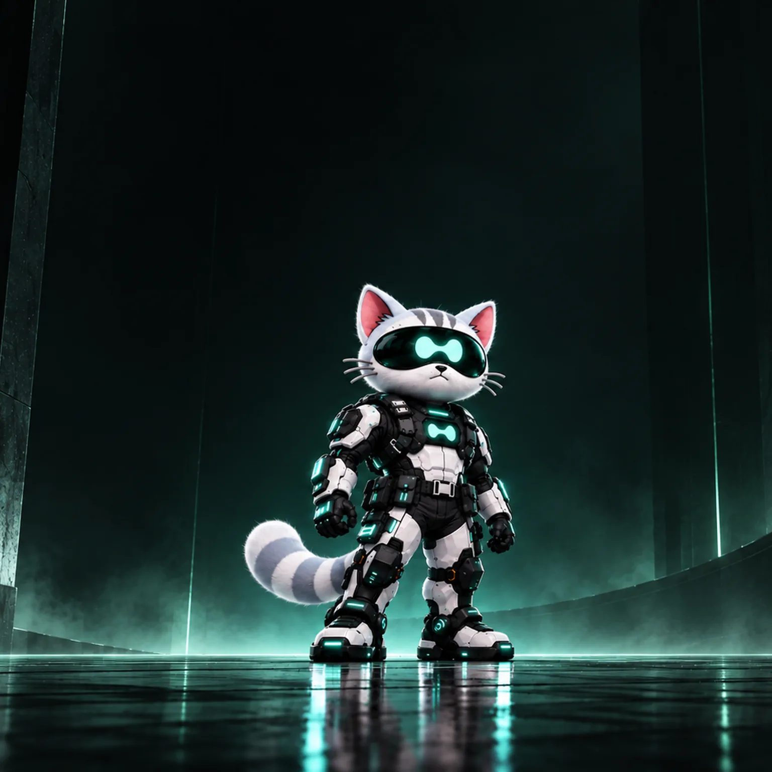 CPU standing alone in a vast dark chamber with a mint-lit reflective floor